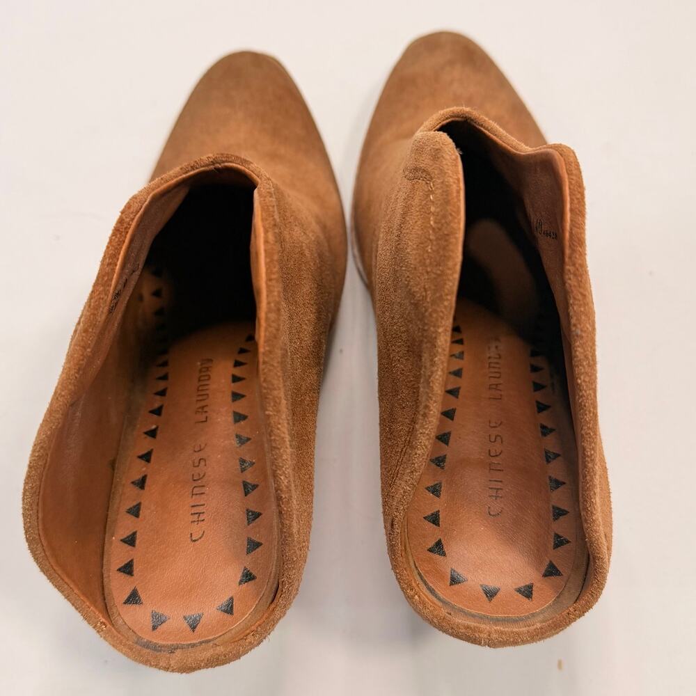 Chinese Laundry Kelso Suede Mule Booties Size 9 Tan Pointed Toe Block Heel - Picture 9 of 10